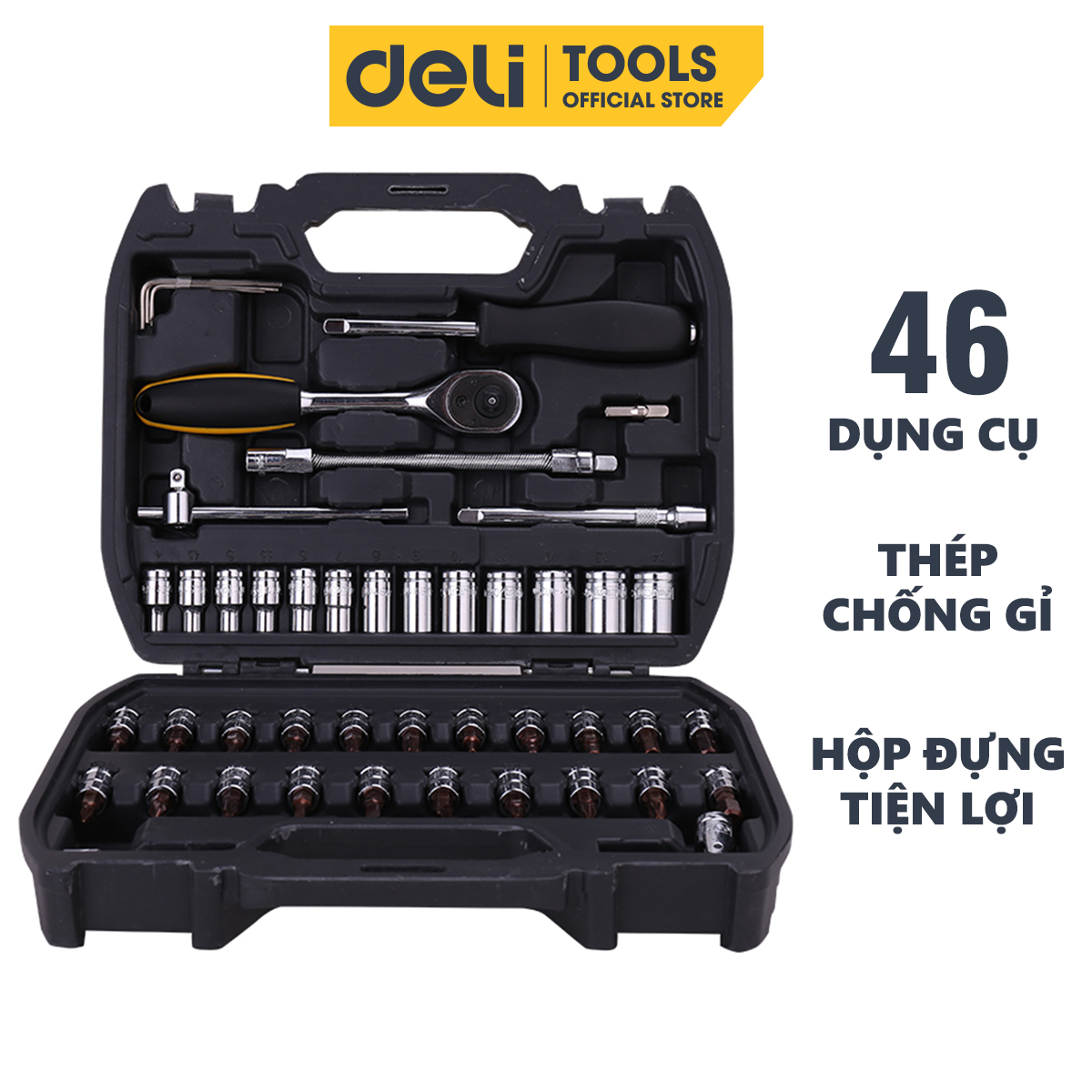 Bộ Dụng Cụ Vặn Bu Lông 6.3mm Deli Cao Cấp 46 Chi Tiết Sửa Chữa Xe Máy, Ô Tô - Hộp Đựng Cầm Tay Tiện Lợi - DL1046