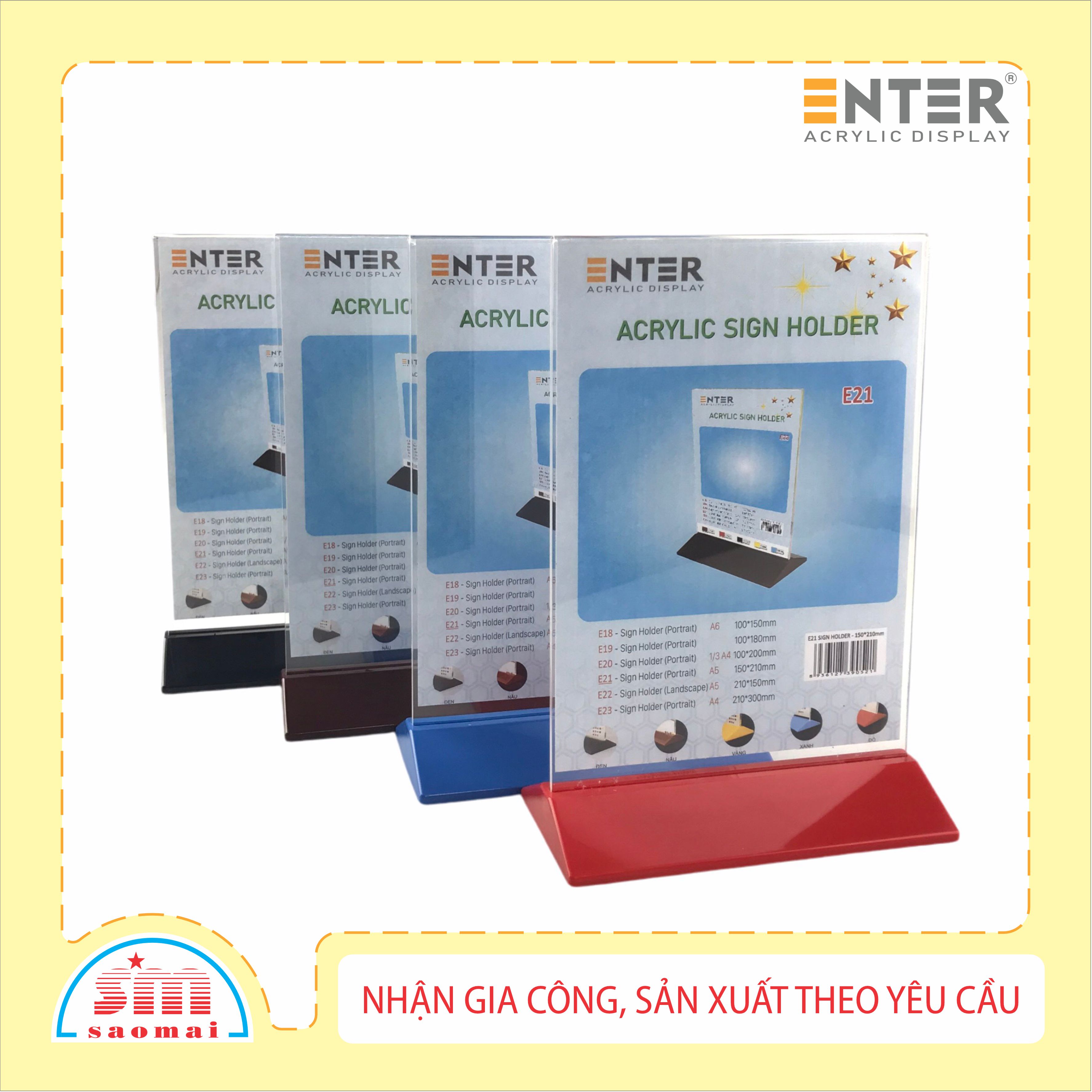 Kệ menu nhà hàng, Standee mica để bàn, Bảng quét mã QR Code, Kệ mica 2 mặt Enter E21 150x210mm đế màu A5 đứng