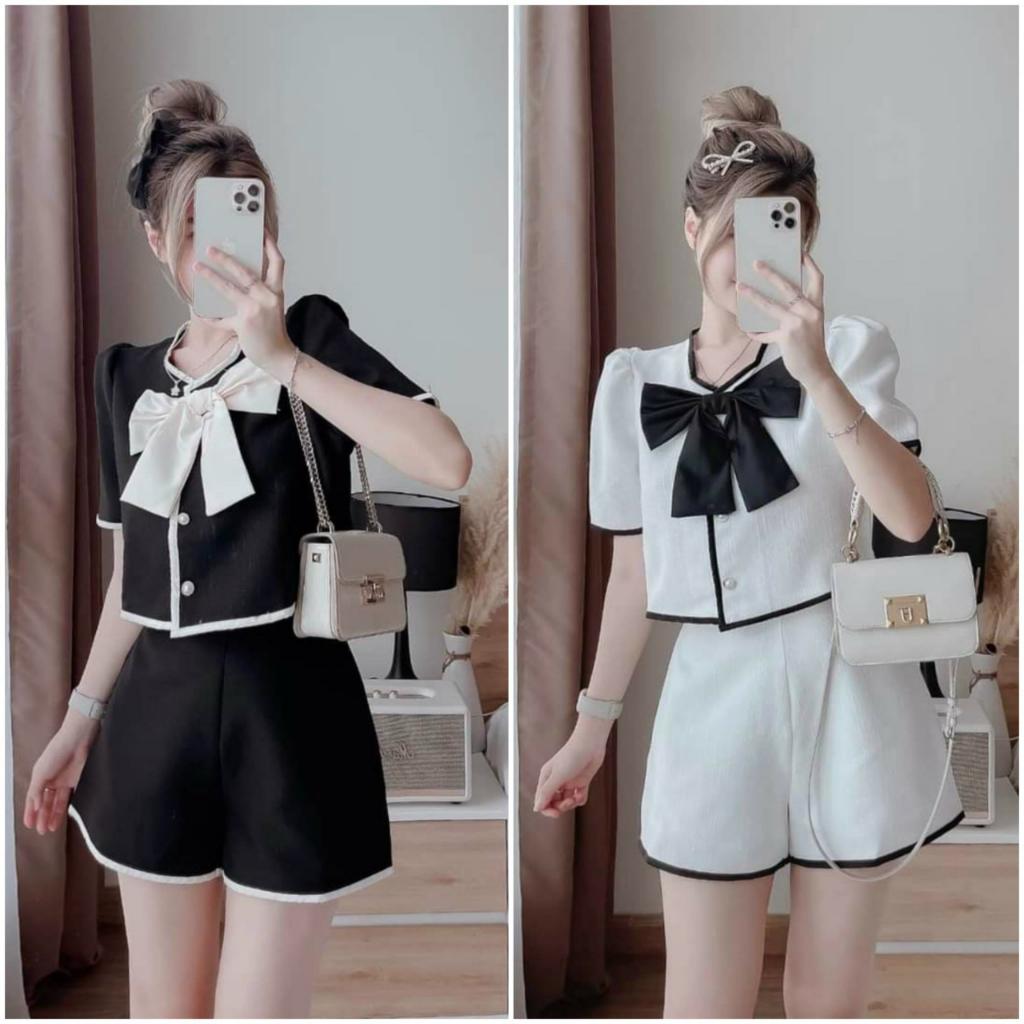 Sét áo viền lửng cài nút kèm nơ và quần sooc ngắn