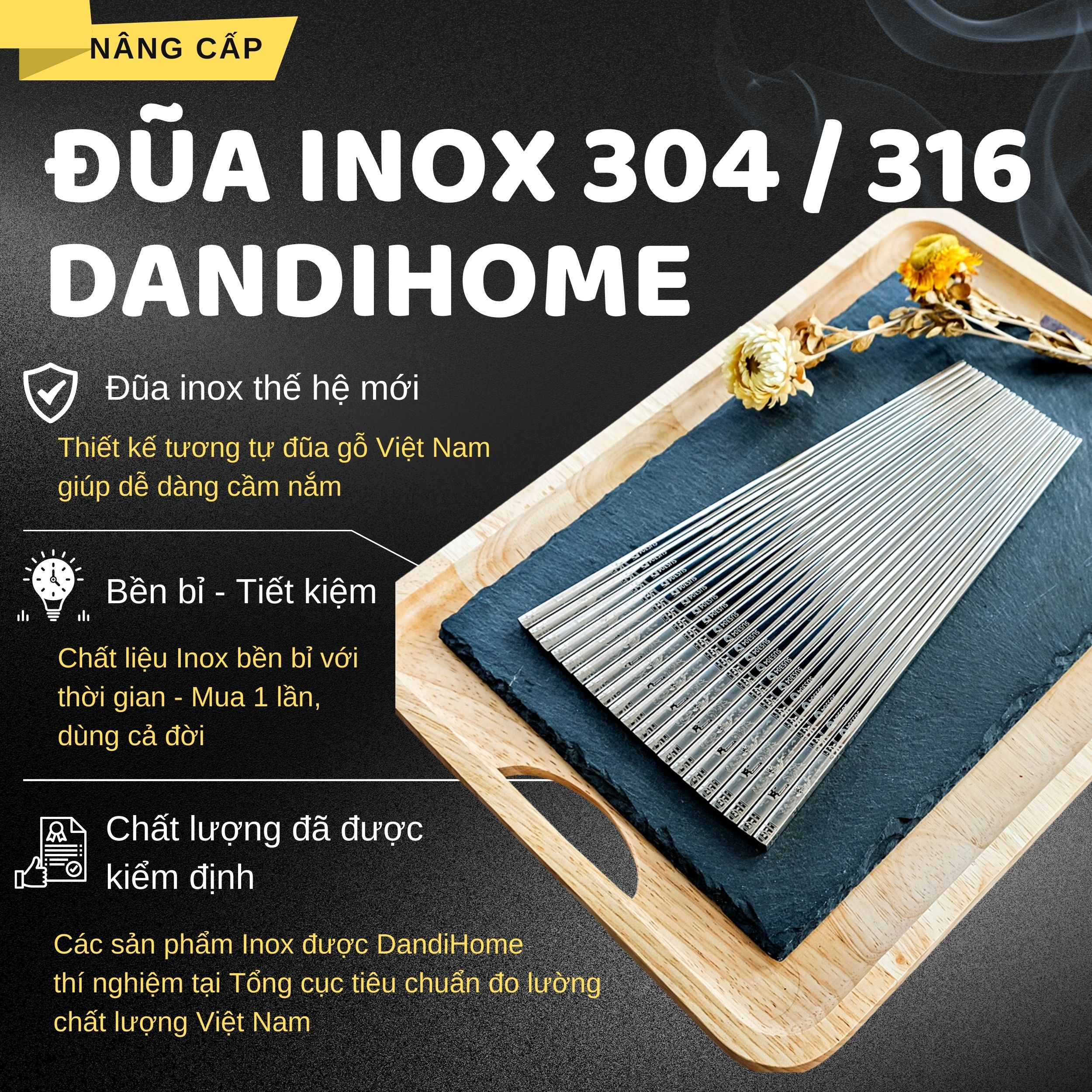 Set 05 đôi đũa inox 304 - 316 DandiHome 2020 chống trơn trượt, sang trọng, tinh tế