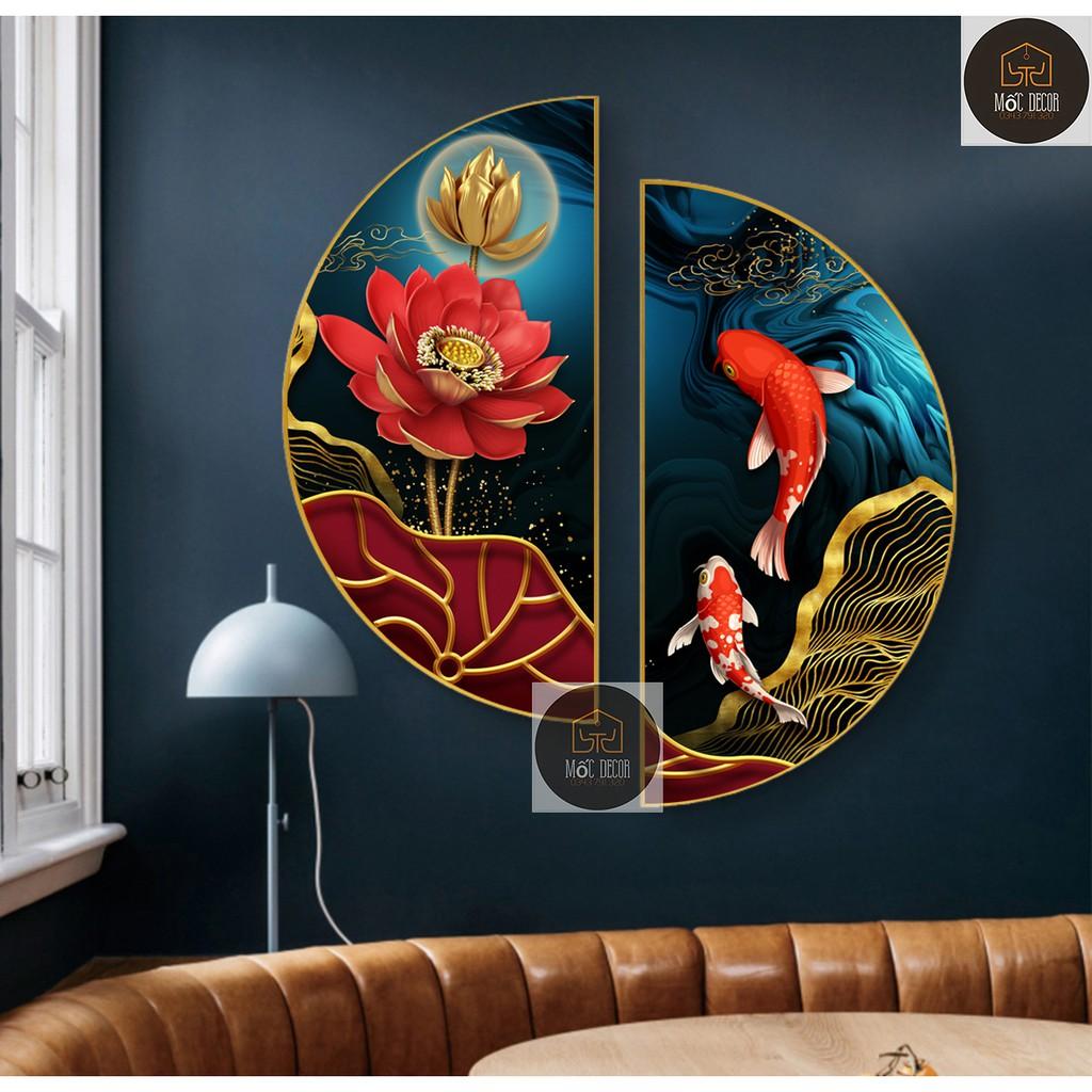 D90, Xả tranh tráng gương bán nguyệt sen cá đường kính 90cm
