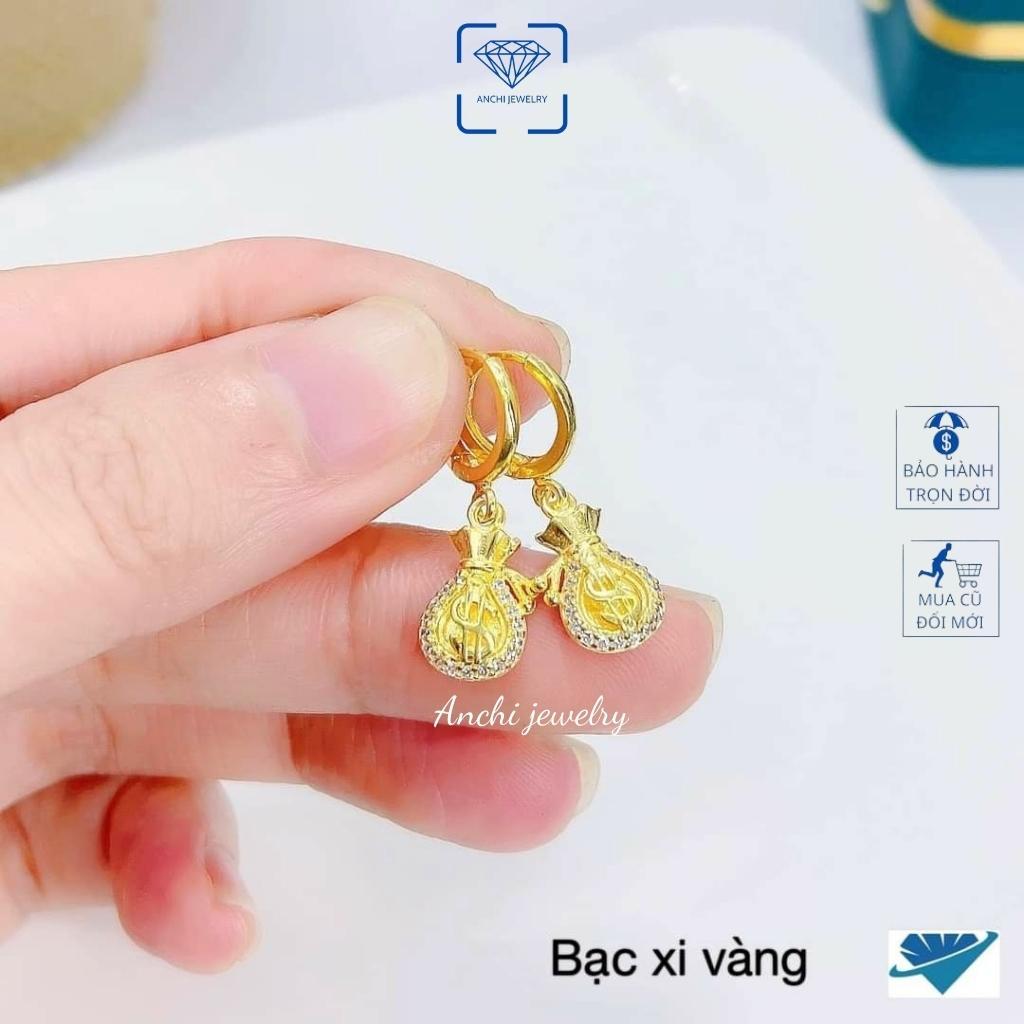 Khuyên tai nữ bạc ta mạ vàng cá tính, bông tai khoen tròn túi tiền hút tài lộc may mắn