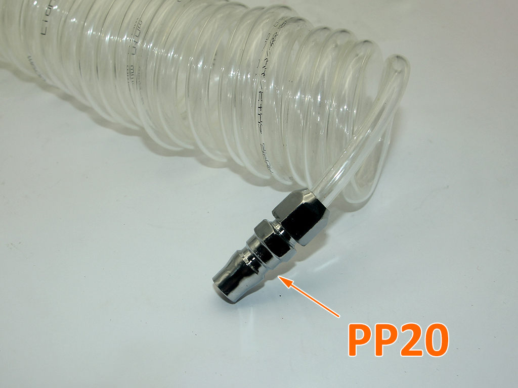 Dây hơi xoắn phi 8 nhựa PU trắng có sẵn 2 đầu nối bình hơi chiều dài tùy chọn: