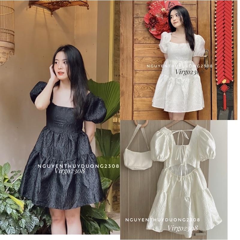 VÁY GẤM HOA NỔI TAY BỔNG CỘT DÂY LƯNG SEXY/ĐẦM GẤM HOA NỔI “lovely dress