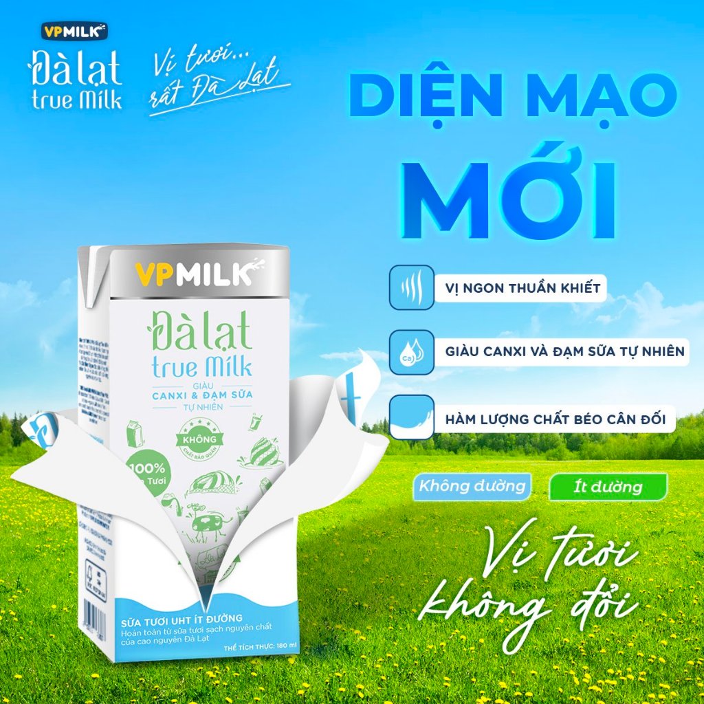 Sữa tươi UHT Đà Lạt True Milk ít đường 110ml (Thùng 48 hộp)