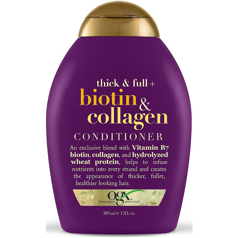 Dầu xả OGX Thick &amp; full + biotin &amp; collagen Conditioner 385ml của Mỹ, hỗ trợ tóc chắc khỏe, phục hồi tóc hư tổn, làm mềm mượt và tăng độ đàn hồi tóc.