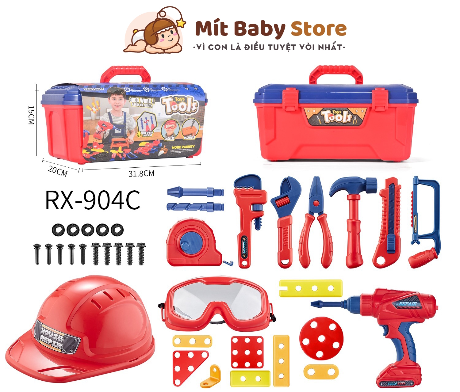 Bộ kỹ sư lắp ráp cao cấp dành, dụng cụ sửa chữa, lắp ráp ốc vít có mũ, kính, khoan điện và nhiều phụ kiện cho bé
