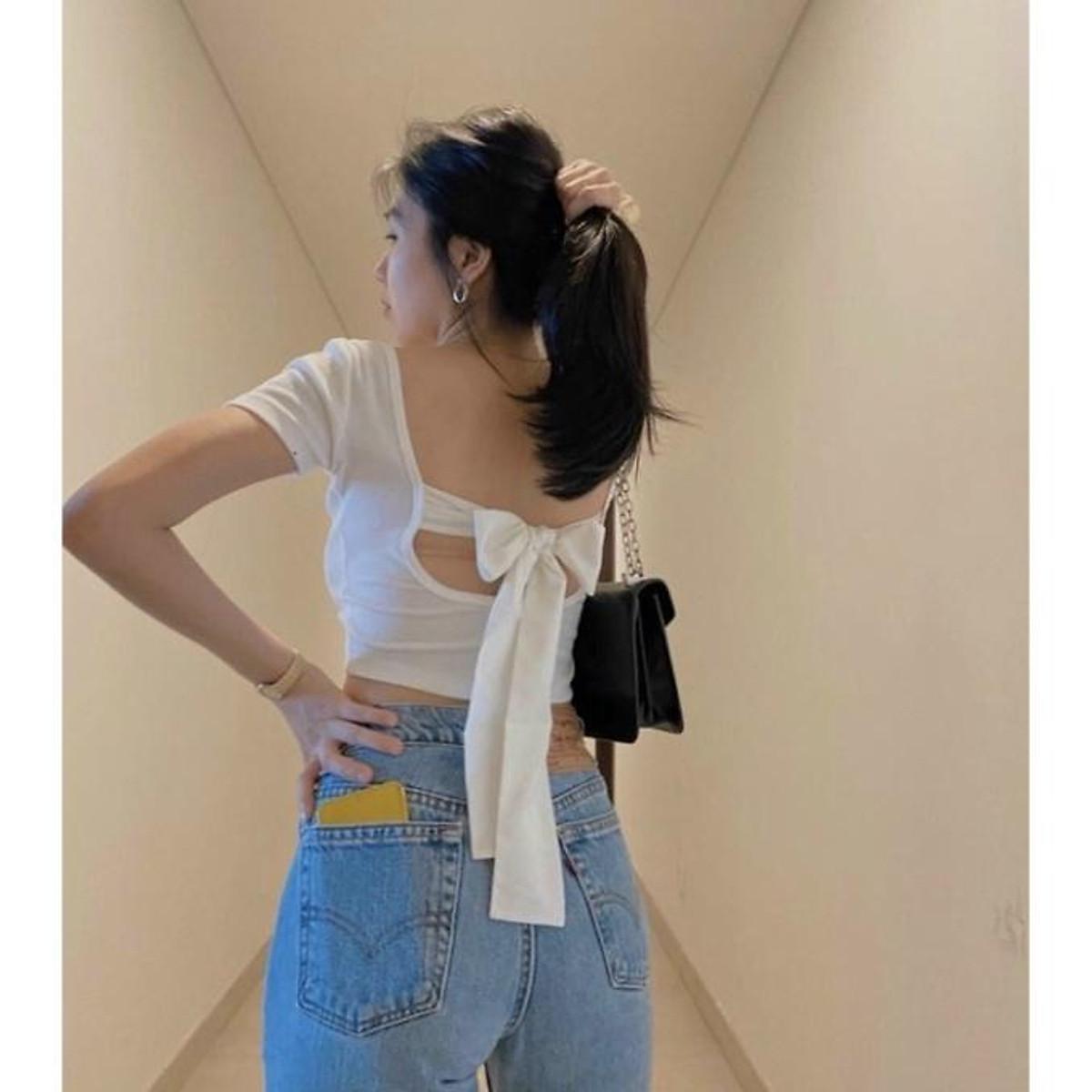 Áo Thun Cổ Vuông Cột Nơ Lưng Xinh Xắn- Chất Borip Thoáng Mát Thấm Hút Mồ Hôi