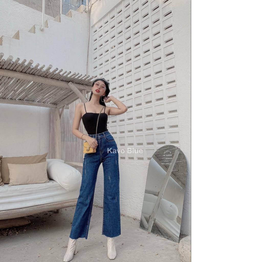 Quần Jean Nữ Cạp Cao Suông Xước KAVO BLUE Siêu Co Giãn 4 Chiều