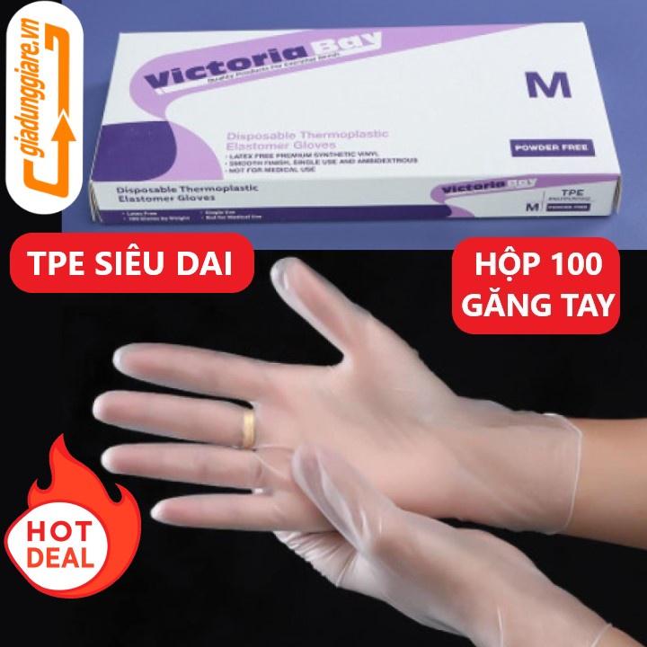 ( Hộp 100 cái ) Găng tay VictoriaBay găng tay cao su làm bếp vệ sinh siêu dai chất liệu TPE không mùi (Đủ SIZE : L-M-S)