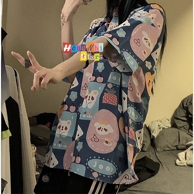 Áo Sơ Mi Hoạ Tiết Trái Tim Hoạt Hình Tay Lỡ Dáng Rộng Ulzzang Unisex, Sơ Mi Đi Biển - MM