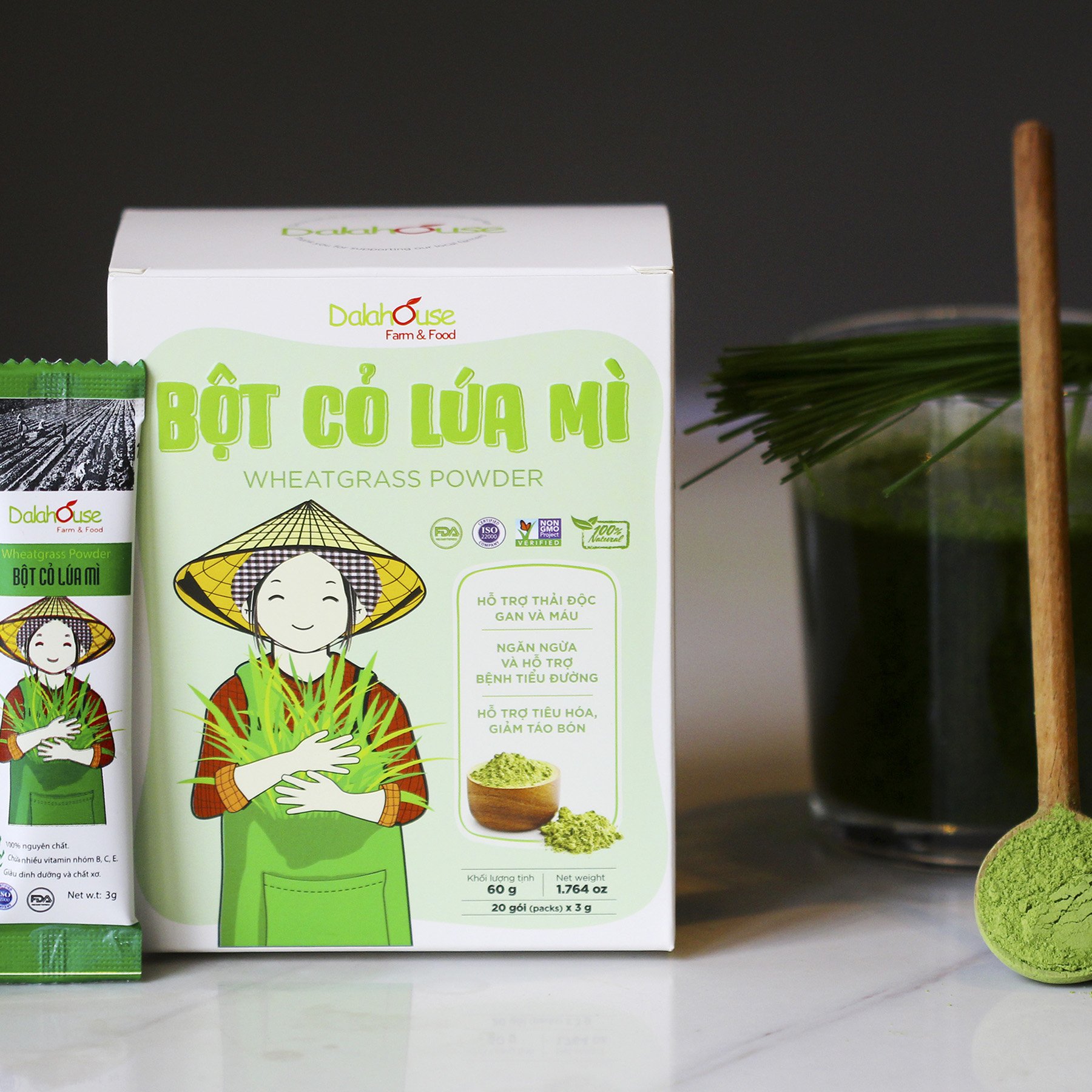 Bột cỏ lúa mì hữu cơ sấy lạnh DalaHouse - hộp 20 gói 3gr - 100% nguyên chất  (Wheatgrass powder)