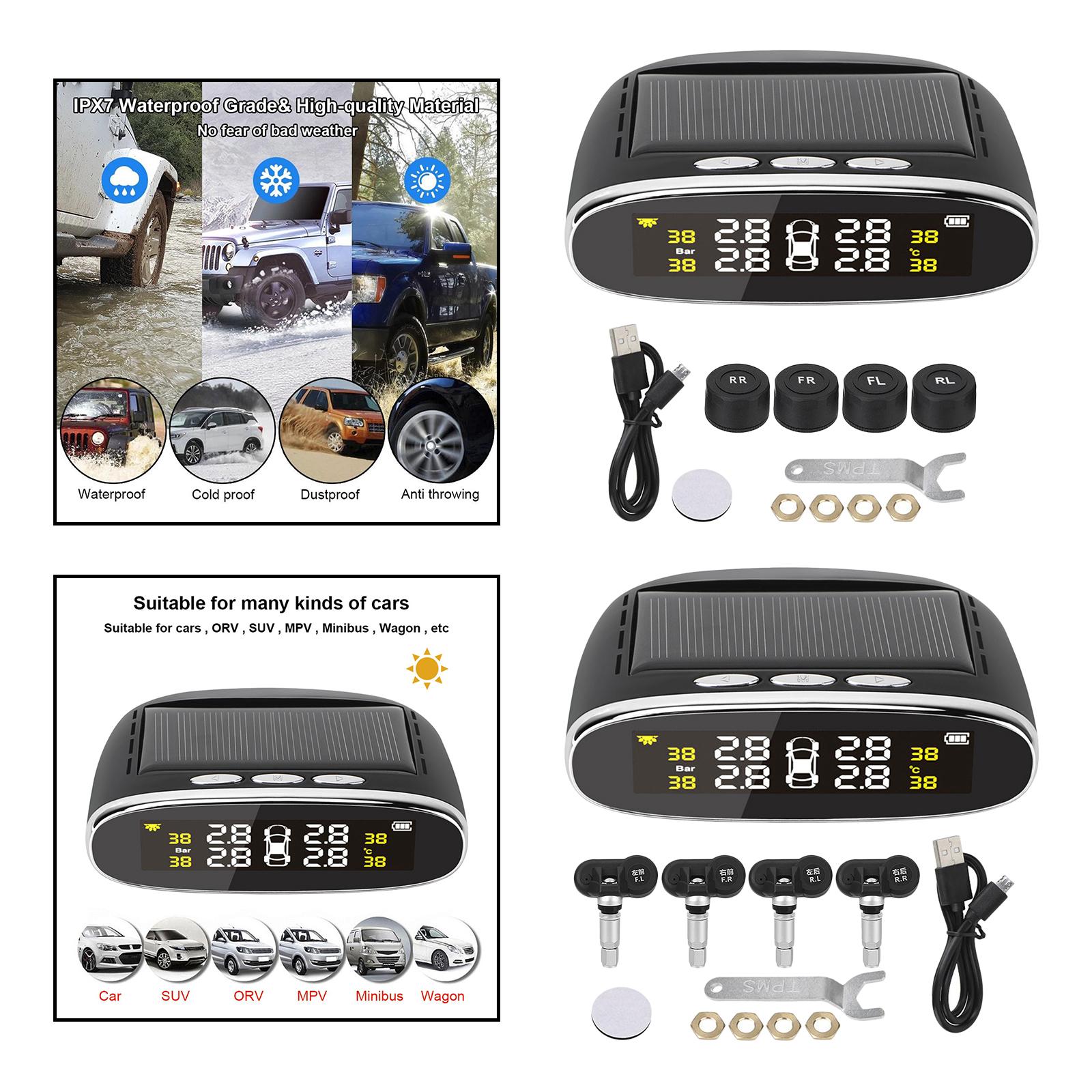 Solar Powered Universal Auto SUV Vehicle Tire Pressure Temperature Monitor Tyre Detection System Real Time LCD Display