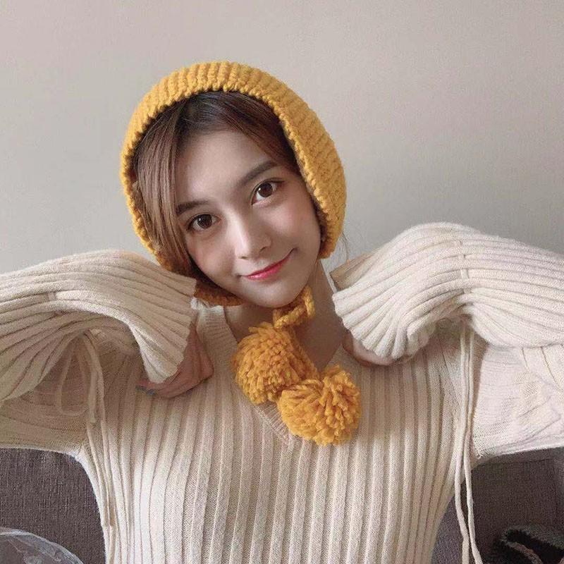 Mũ len giữ ấm trang trí quả bông xinh xắn cho nữ