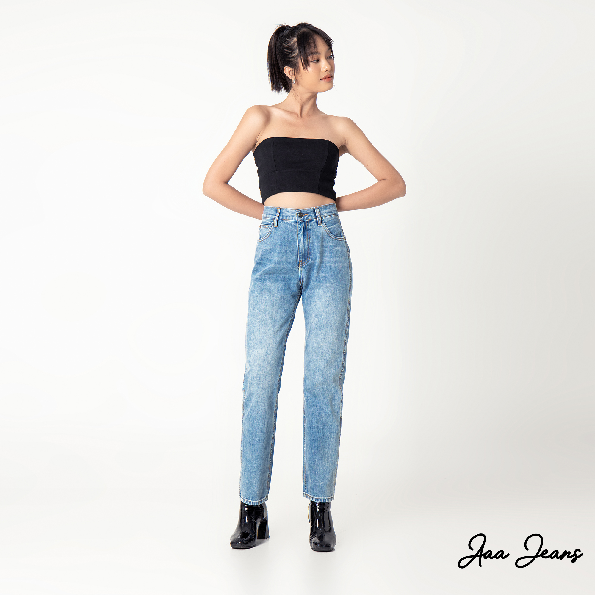 Quần jeans ống đứng nữ lưng cao Aaa Jeans Xanh Sky