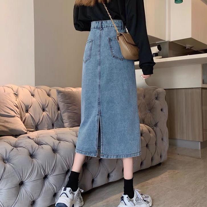 Váy jean dài cạp cao, váy jean xòe xẻ gấu phong cách_a9
