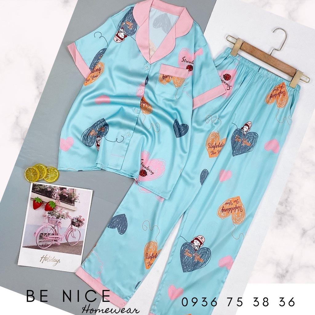 Set pijama lụa mặc nhà cổ phối màu tay ngắn quần dài, Be Nice Homewear
