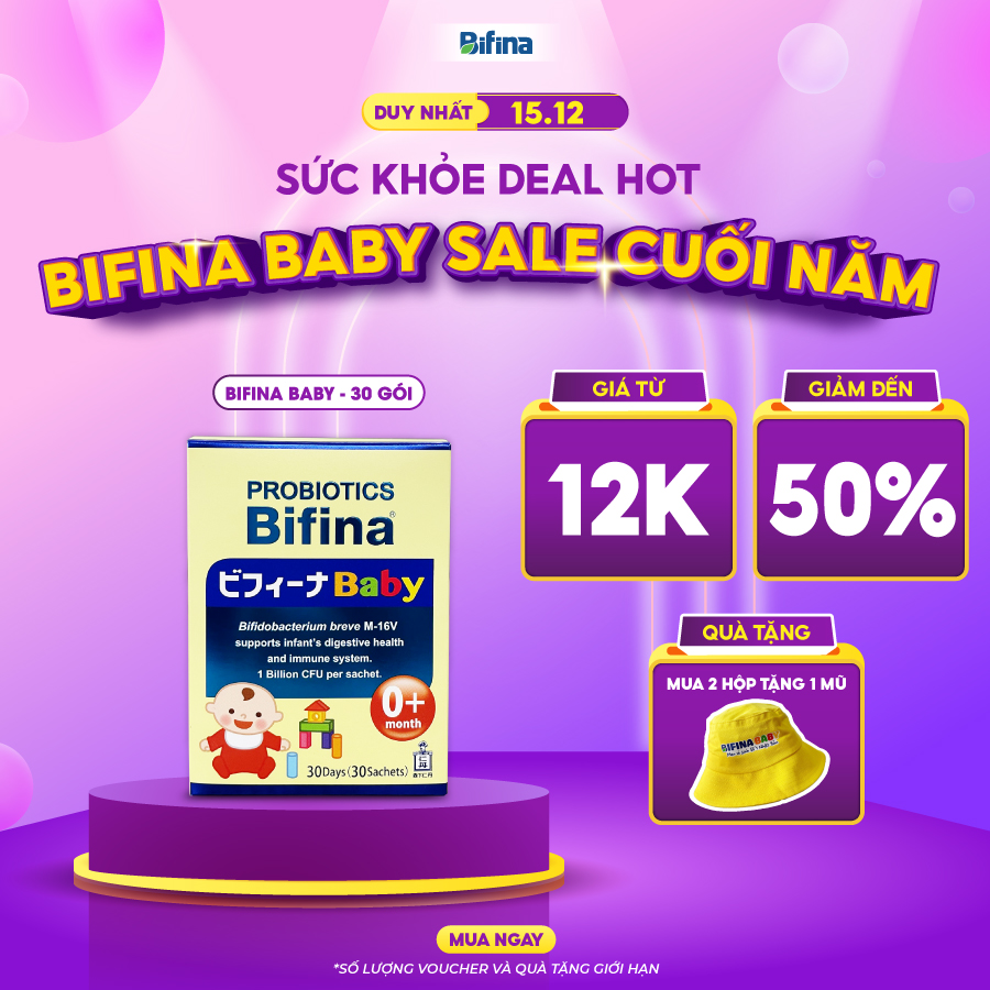 Men vi sinh Bifina Baby Nhật Bản- Hộp 30 gói - Lợi khuẩn chiến binh cho trẻ sơ sinh Viêm da cơ địa và ruột hoại tử , chàm sữa, dị ứng...