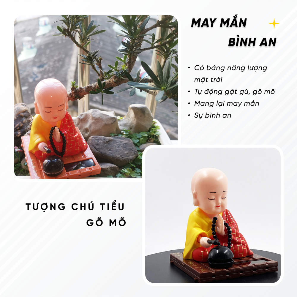 Tượng Chú Tiểu Gõ Mõ Bằng Nhựa Sử Dụng Năng Lượng Mặt Trời Thu Hút Tài Lộc