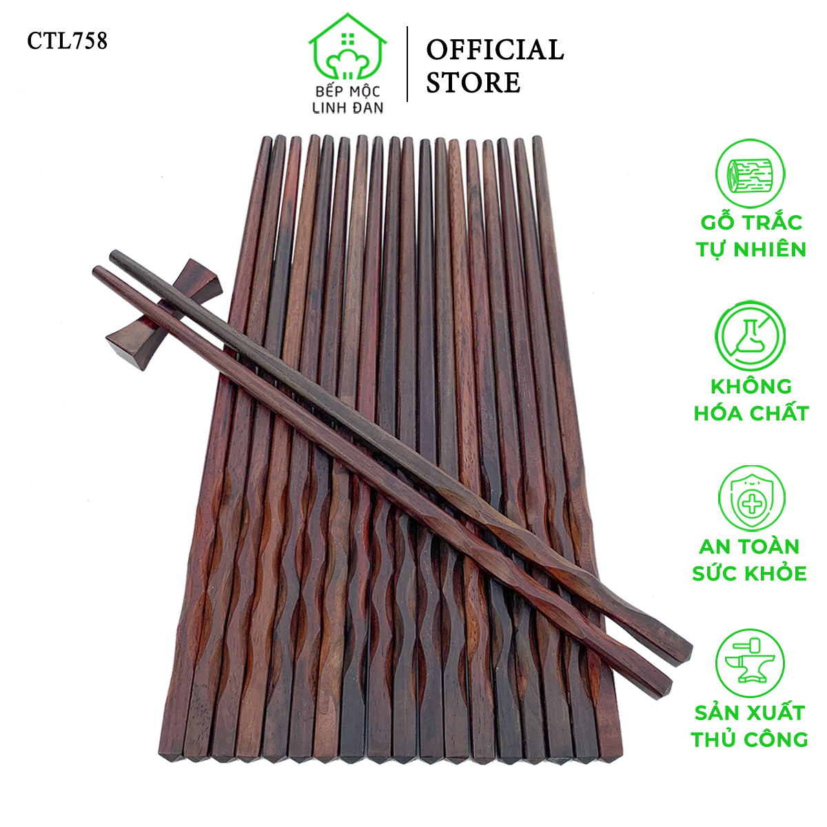 (5 Đôi) Đũa Ăn Cơm Gỗ Trắc Tự Nhiên Việt Nam Đầu Khía Sóng HAHANCO [CTL758-5]
