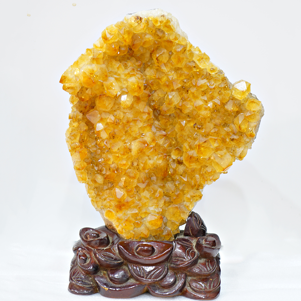 Khối Đá Thạch Anh Vàng Citrine Phong Thủy Đế Gỗ Tự Nhiên 32x23x5cm