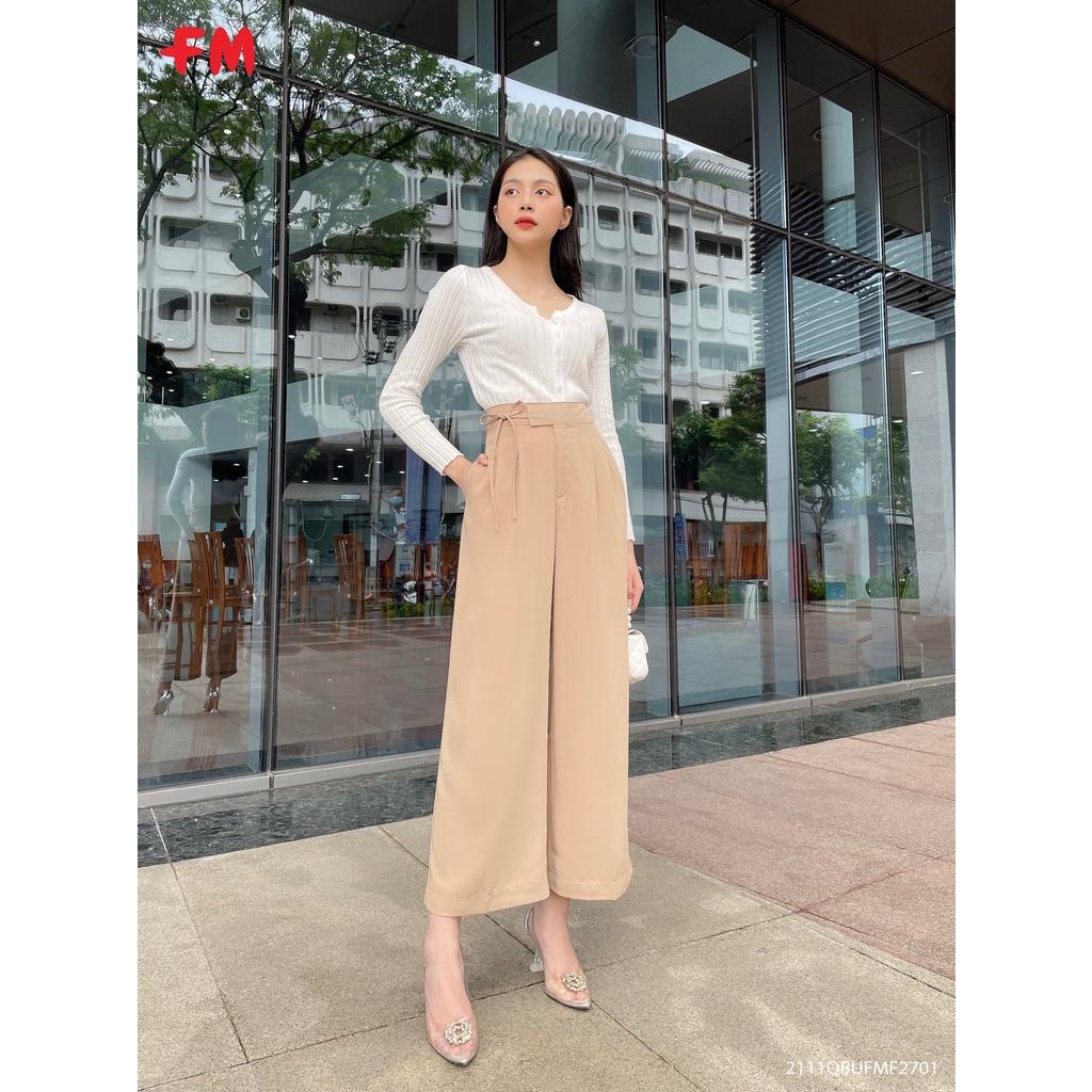 Quần Tây Nữ Fm Style Dài Ống Rộng Lưng Cao Thắt Nơ Lưng Màu Trơn Thời Trang Hàn Quốc 22110306