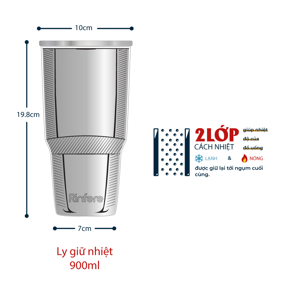 Ly Giữ Nhiệt Nắp Trượt Chống Tràn Rinfere - Tặng Kèm Ống Hút Không Gỉ, Dụng Cụ Vệ Sinh Ông Hút