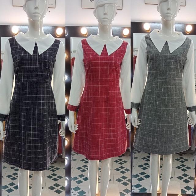 Đầm kẻ cổ đức dài tay phối trắng