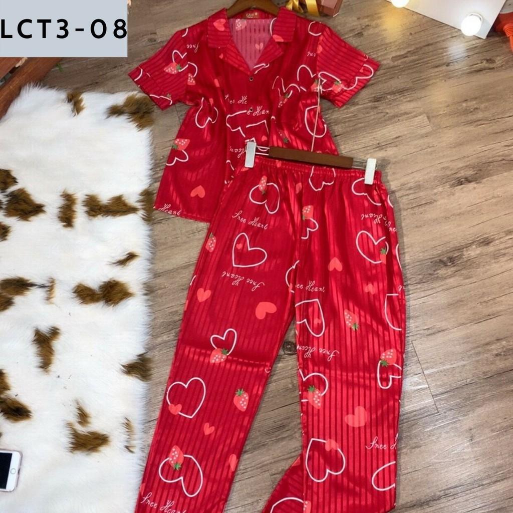 BỘ PIJAMA LỤA GẤM TAY NGẮN QUẦN DÀI HỌA TIẾT CỰC XINH