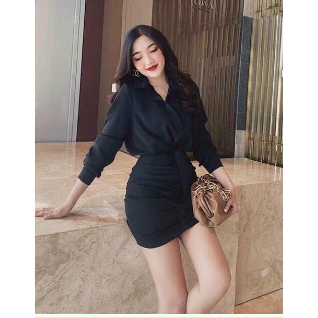 Set bộ sáo sơ mi cài nút sang trọng kèm chân váy chất lụa satin đẹp