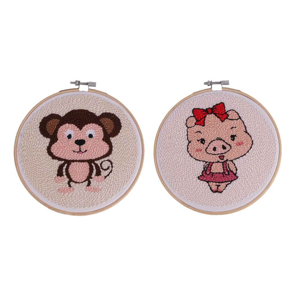 2 Sets Punch Needle Embroidery Kit Soft Yarn DIY Needlework Lovely Animal 15cm