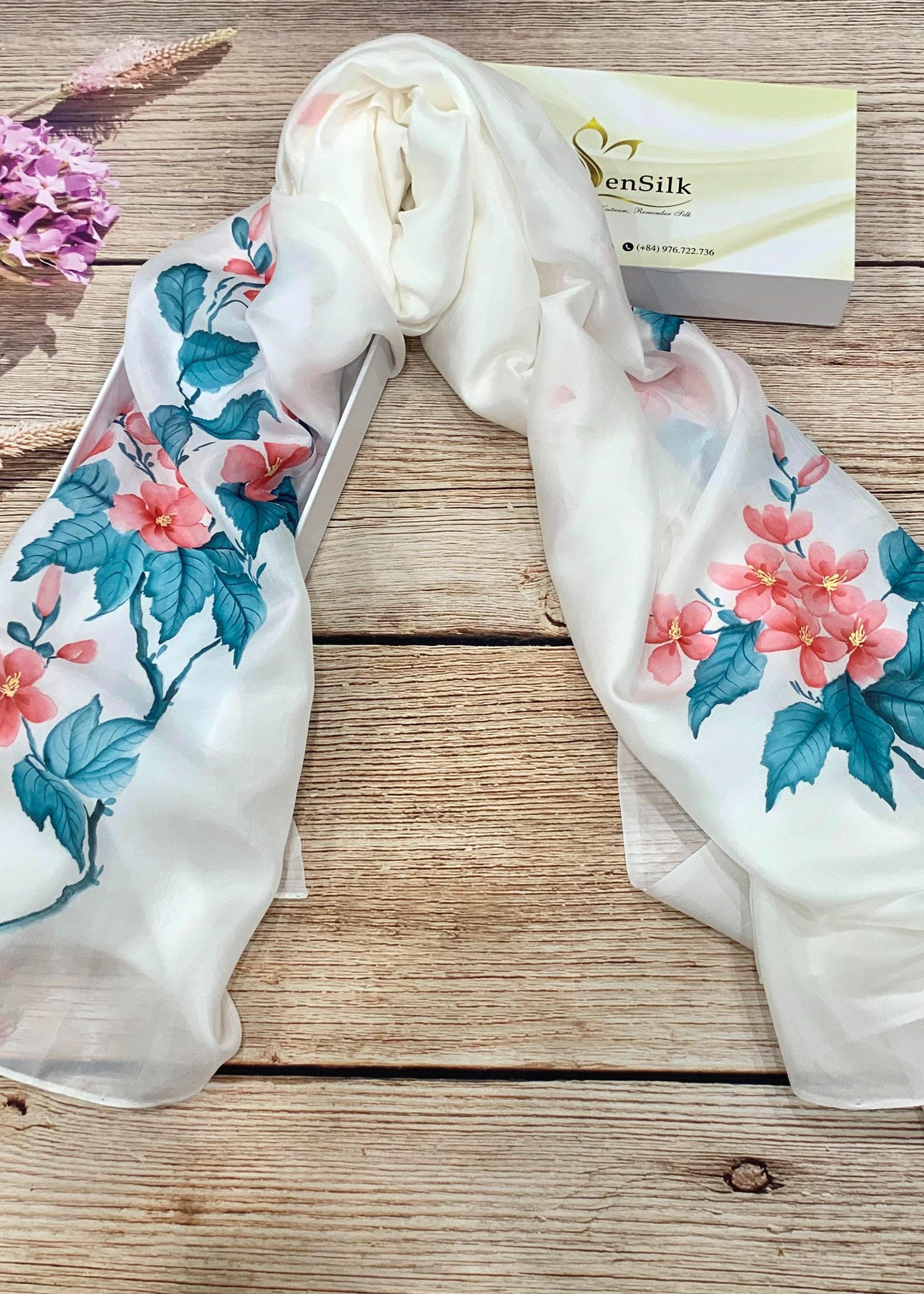 Khăn Lụa Tơ Tằm Vẽ Tay Mugunghwa Hàn Quốc SenSilk – Silk Painting 무궁화 - Quà Tặng Doanh Nghiệp 1650*550mm