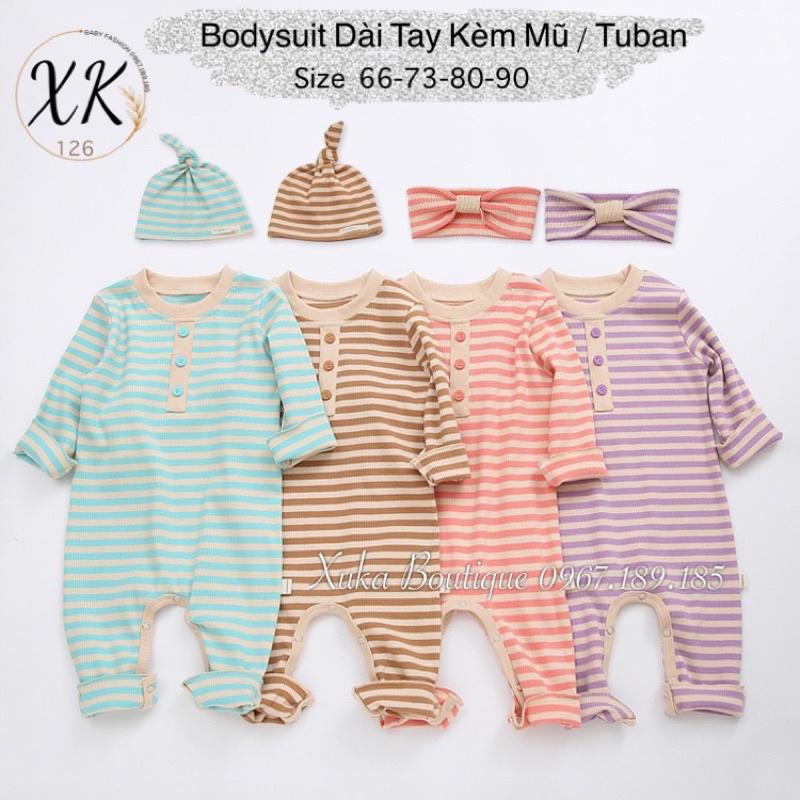 Bodysuit Dài Tay Kèm Mũ/Tuban Kẻ Ngang Cao Cấp Cho Bé 0-2 Tuổi Style Hàn Quốc, Body Sơ Sinh Cotton, Chất Thực Sự Cực Đẹp