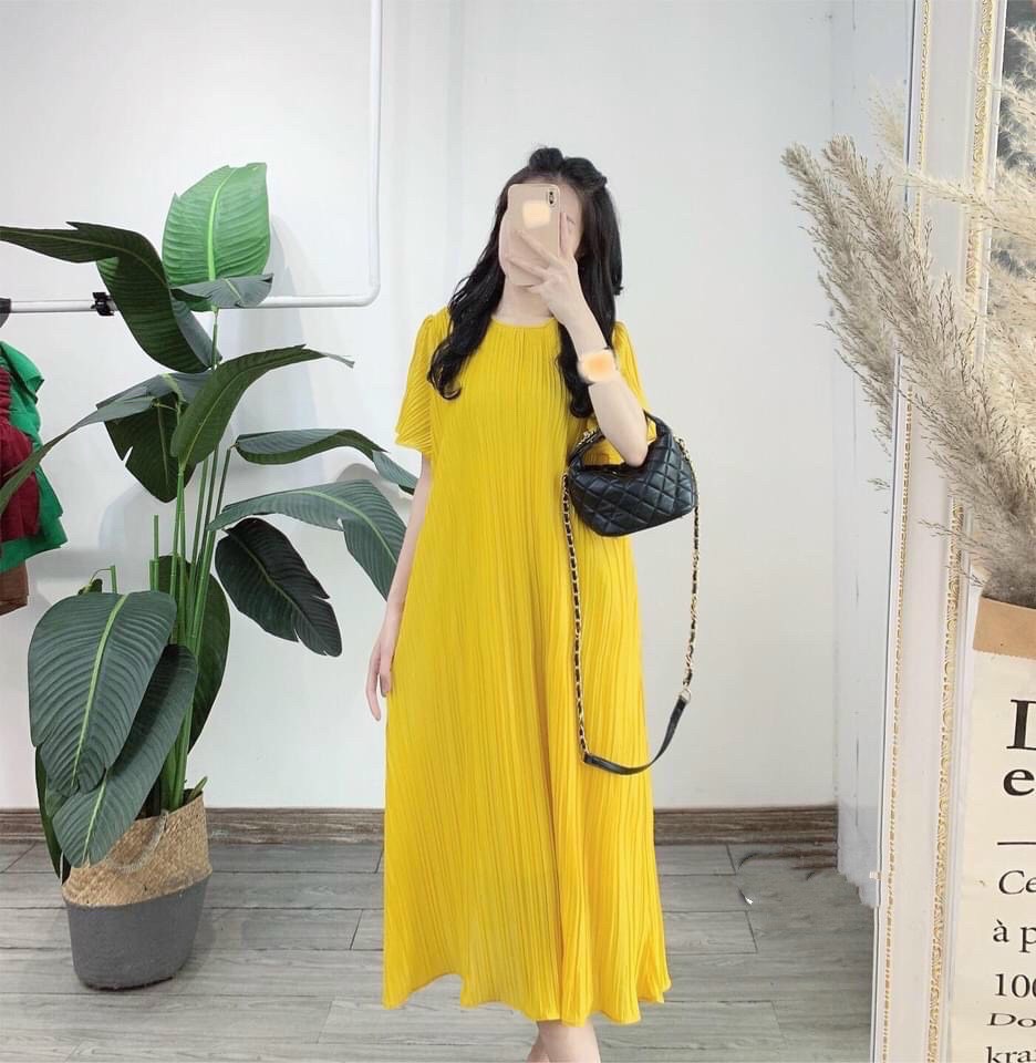 Đầm bầu đẹp voan dập ly dài qua gối cao cấp