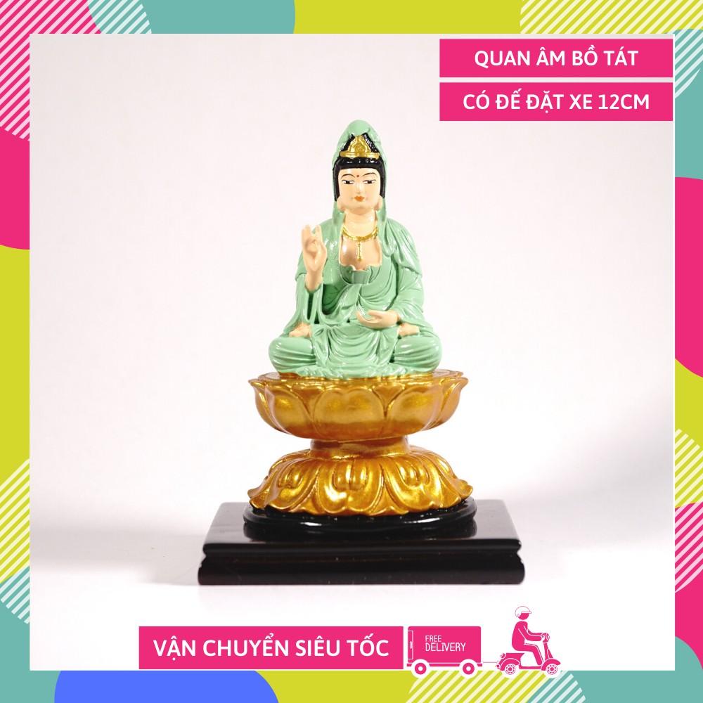 Tượng Quan Âm Bồ Tát ngồi tòa sen có đế vẽ màu áo xanh - Cao 12cm