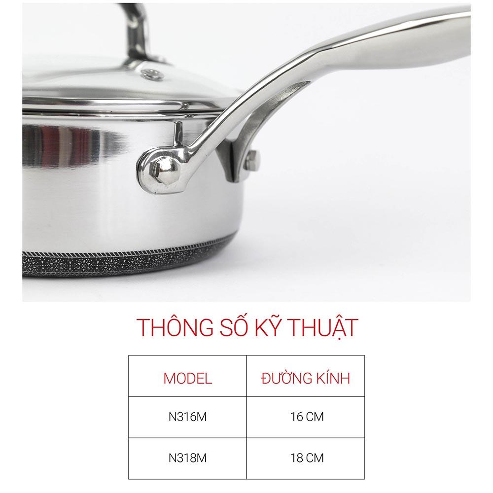 Quánh Noon Song inox 3 lớp đáy từ nắp kính chống dính 2 mặt KIMS COOK 16cm