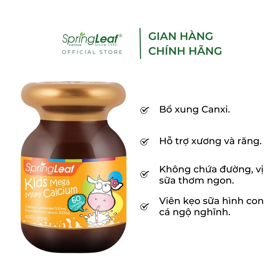 Viên nhai canxi sữa giúp phát triển xương và chiều cao cho trẻ vị vani Kids Mega Milky Calcium Spring Leaf 60v/120v