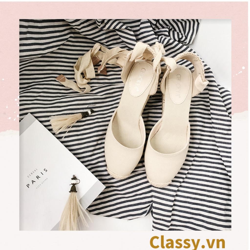 Giày cói Classy đế xuồng đế cói cao 8 CM buộc nơ, đi dạo phố, đi biển [G421] - ĐEN