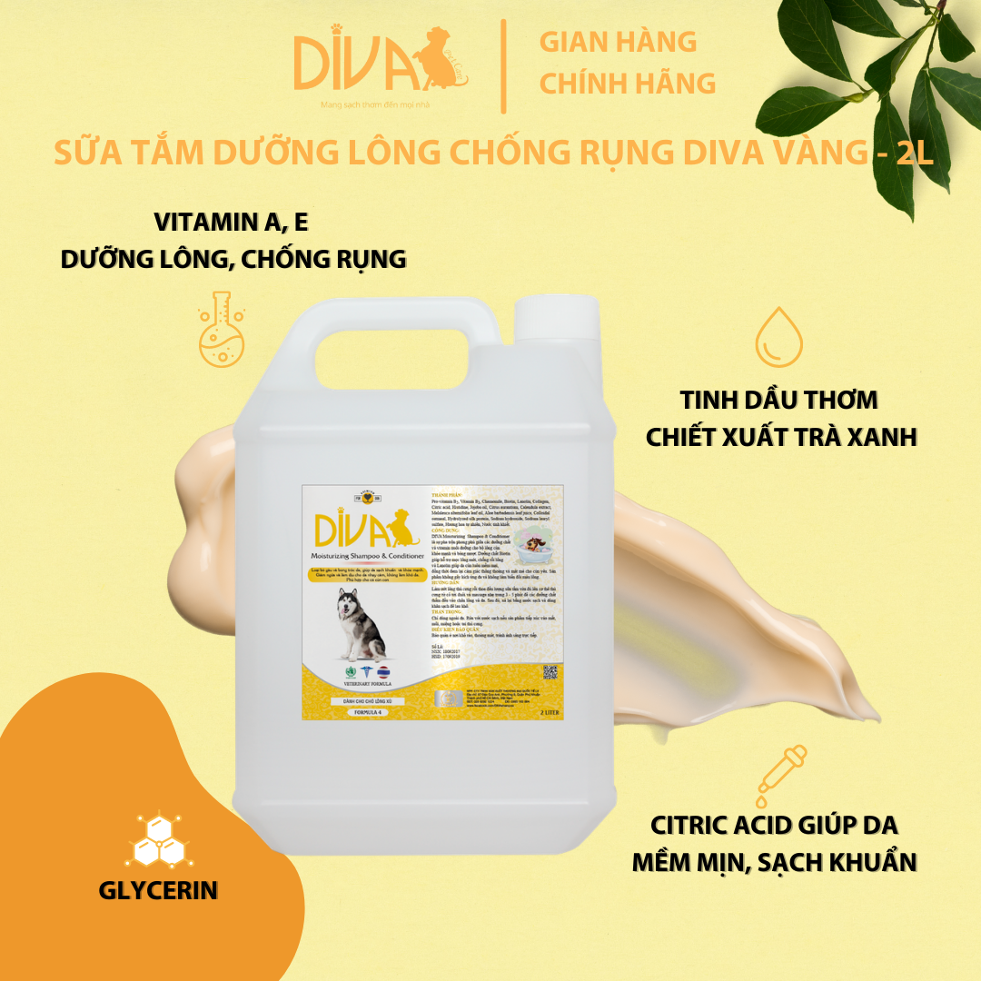 SỮA TẮM CHÓ DƯỠNG LÔNG GIẢM RỤNG DIVA VÀNG 2L