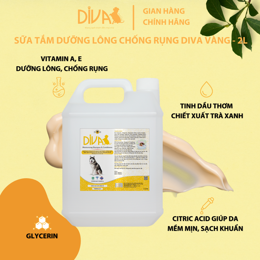 SỮA TẮM CHÓ DƯỠNG LÔNG GIẢM RỤNG DIVA VÀNG 2L (DIVA FORMULA 4)