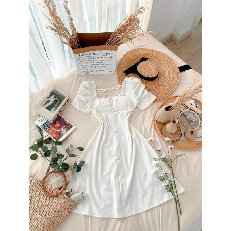 Đầm xếp ly ngực tay phồng