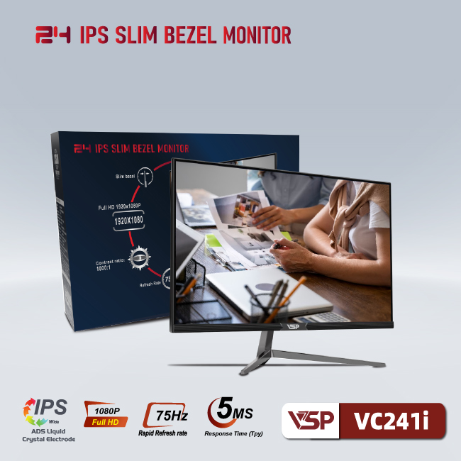 Màn hình máy tính 24inch VSP VC241i [ĐEN] (23.8&quot; IPS FHD 75Hz, HDMI+VGA) - Hàng chính hãng TECH VISION phân phối