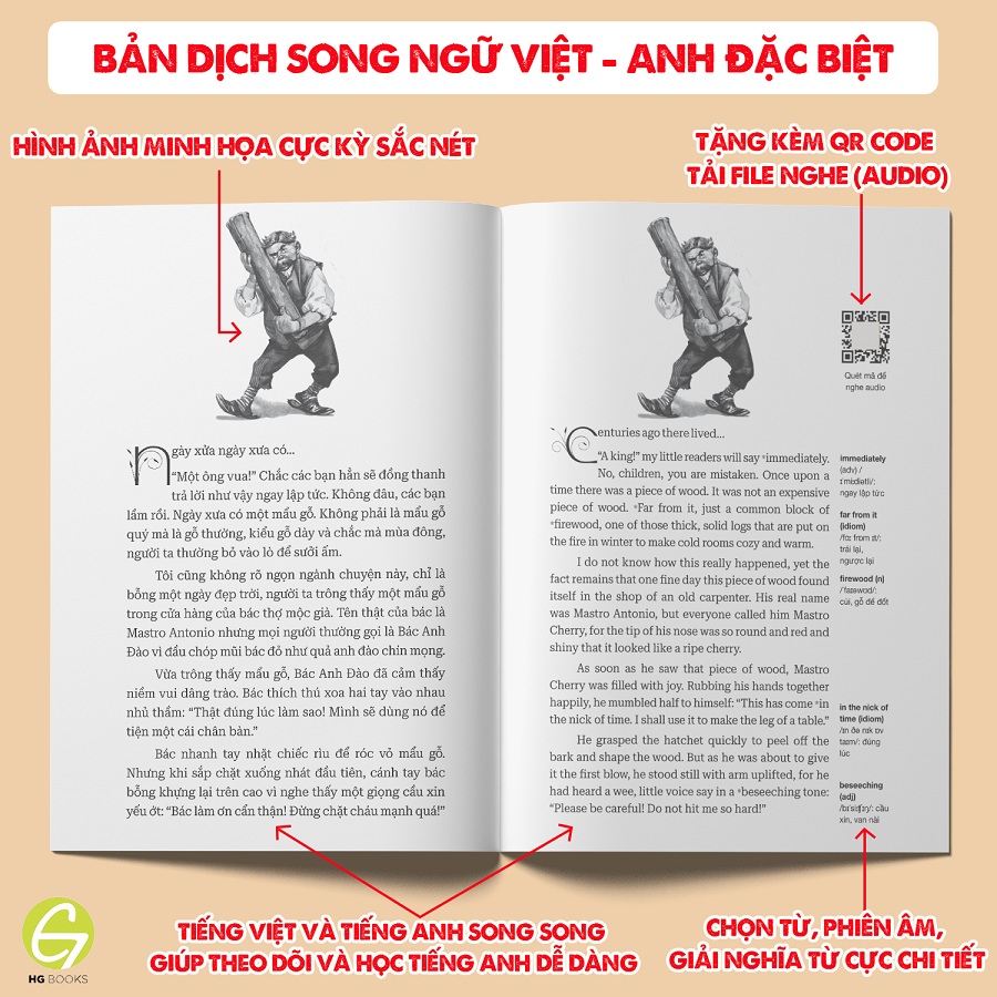 Pinocchio - Cậu bé người gỗ bản Song ngữ Việt - Anh (kèm audio + note từ vựng)