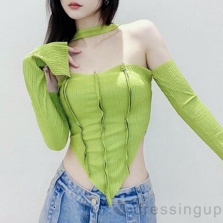 Áo Dài Tay Dáng Ôm Xẻ Tà Phong Cách Hồng Kông Cá Tính-Thời Trang-Kèm Dây Cổ Cá Tính
