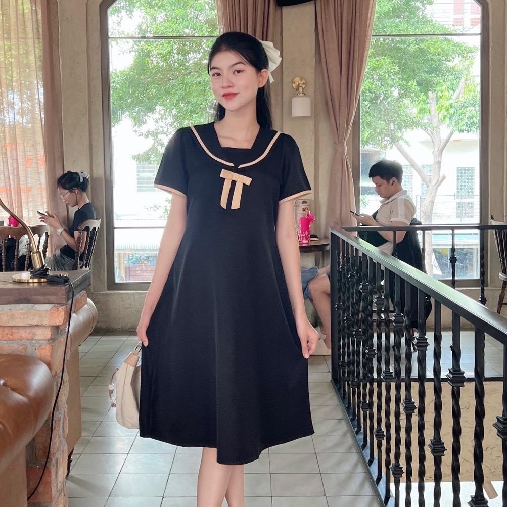 Đầm bầu cotton lạnh cổ sen đính nơ viền cách điệu dễ thương - Đen