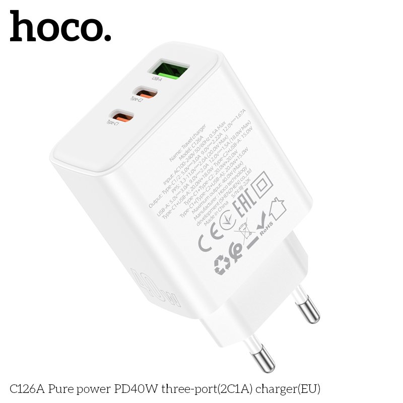 Cốc Sạc Nhanh Dành Cho Hoco C126A PD40W QC3.0 3 Cổng Sạc (1 Cổng Usb, 2 Cổng Type-C) Hàng Chính Hãng