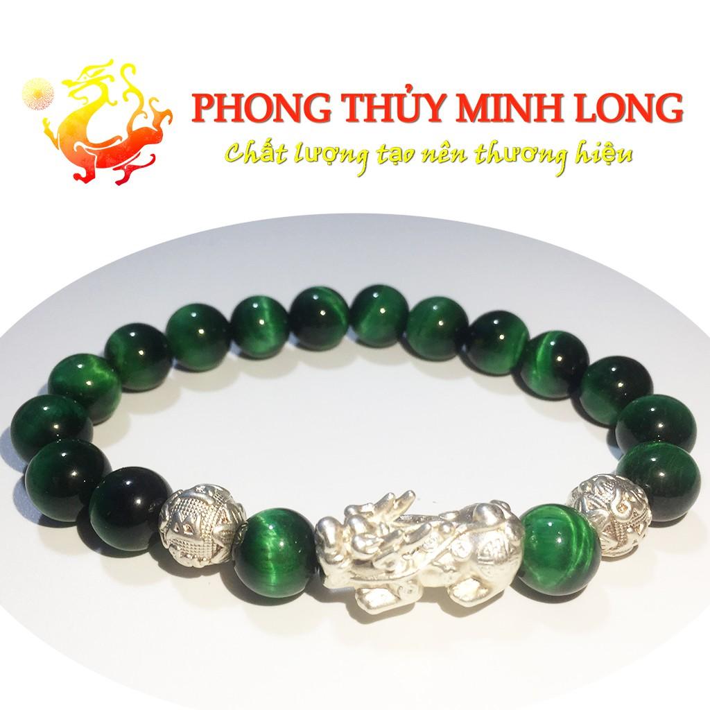 Vòng tay đá mắt hổ Xanh Lá 5A mix Tỳ Hưu và 2 hạt kim tiền Bạc hợp mệnh Mộc và Hỏa