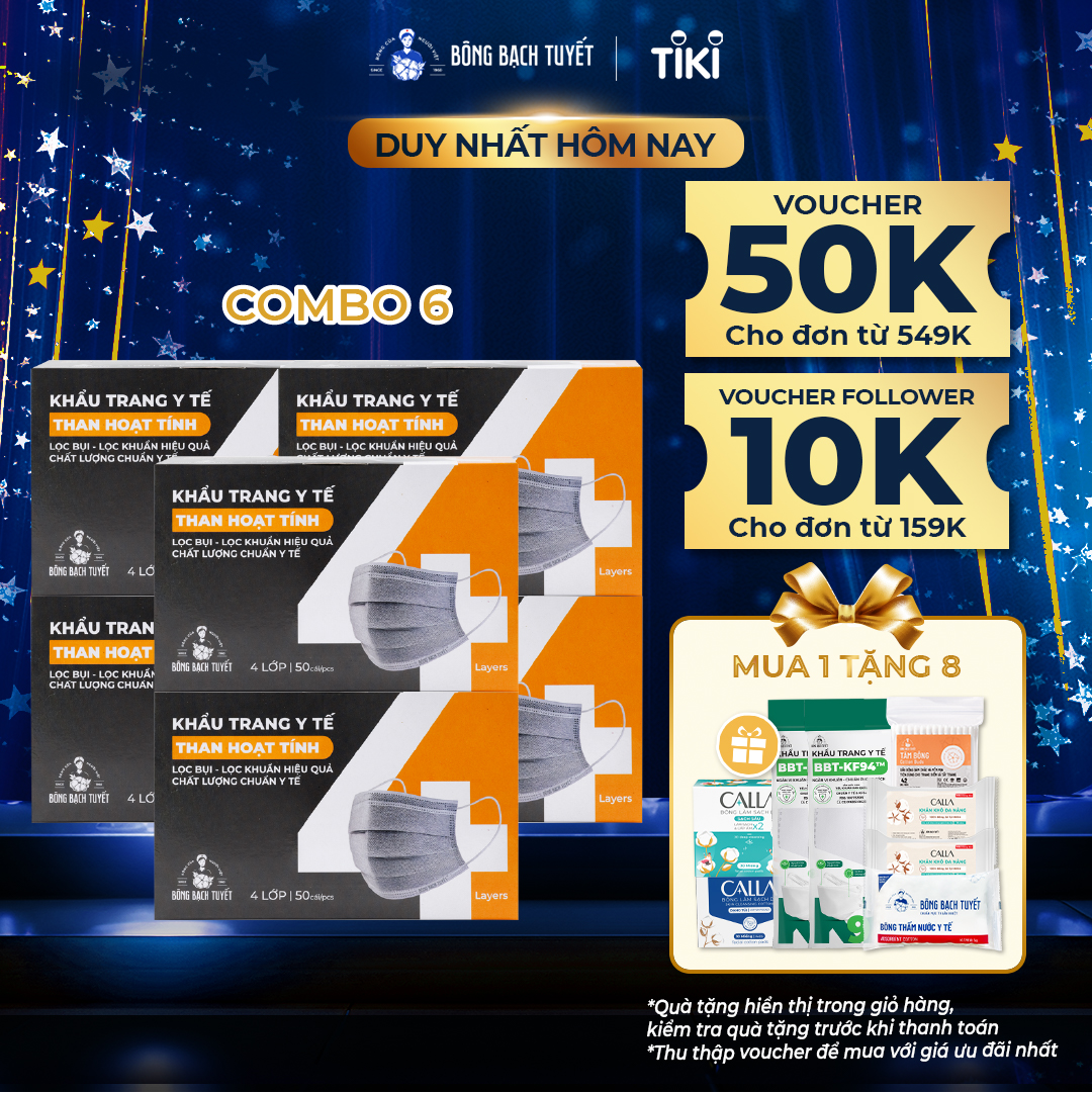 Combo 6 Hộp Khẩu trang Bông Bạch Tuyết than hoạt tính