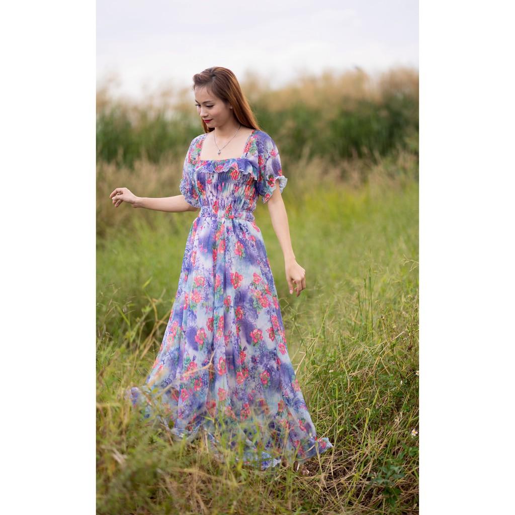 Đầm maxi hoa tay con nhún ngực
