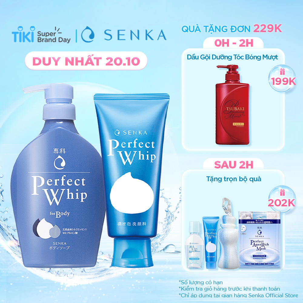 Combo Sữa tắm dưỡng ẩm Senka Perfect Whip 500ml và Sữa rửa mặt sạch ẩm mịn tự nhiên với bọt tơ tằm trắng Perfect Whip 120g